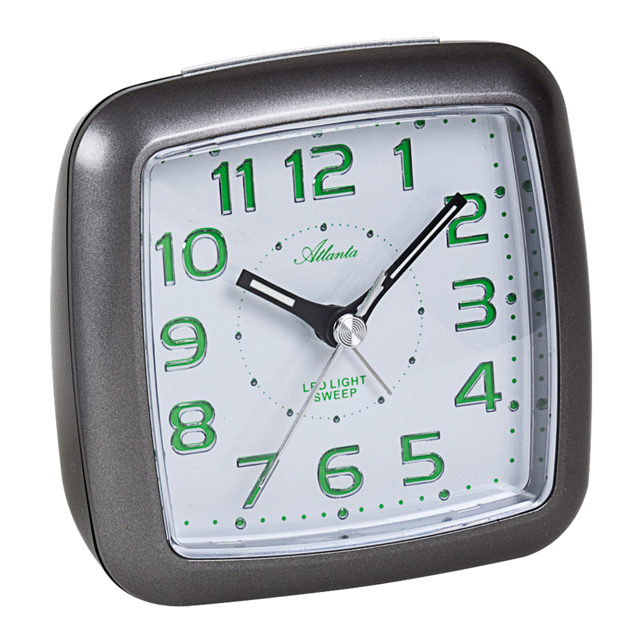 Kompakte Wecker-Uhr mit anthrazitfarbenem Gehäuse und grün leuchtenden Ziffern
