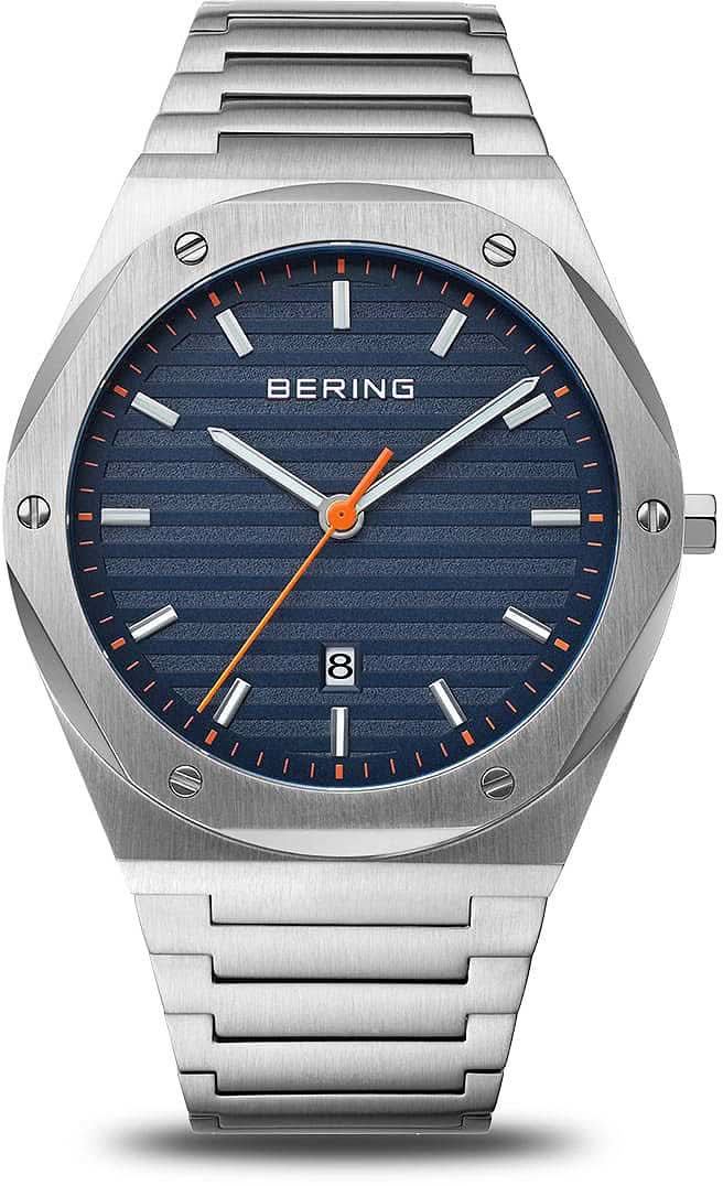 Orologio da uomo con quadrante blu, cinturino in metallo argentato e lancetta arancione