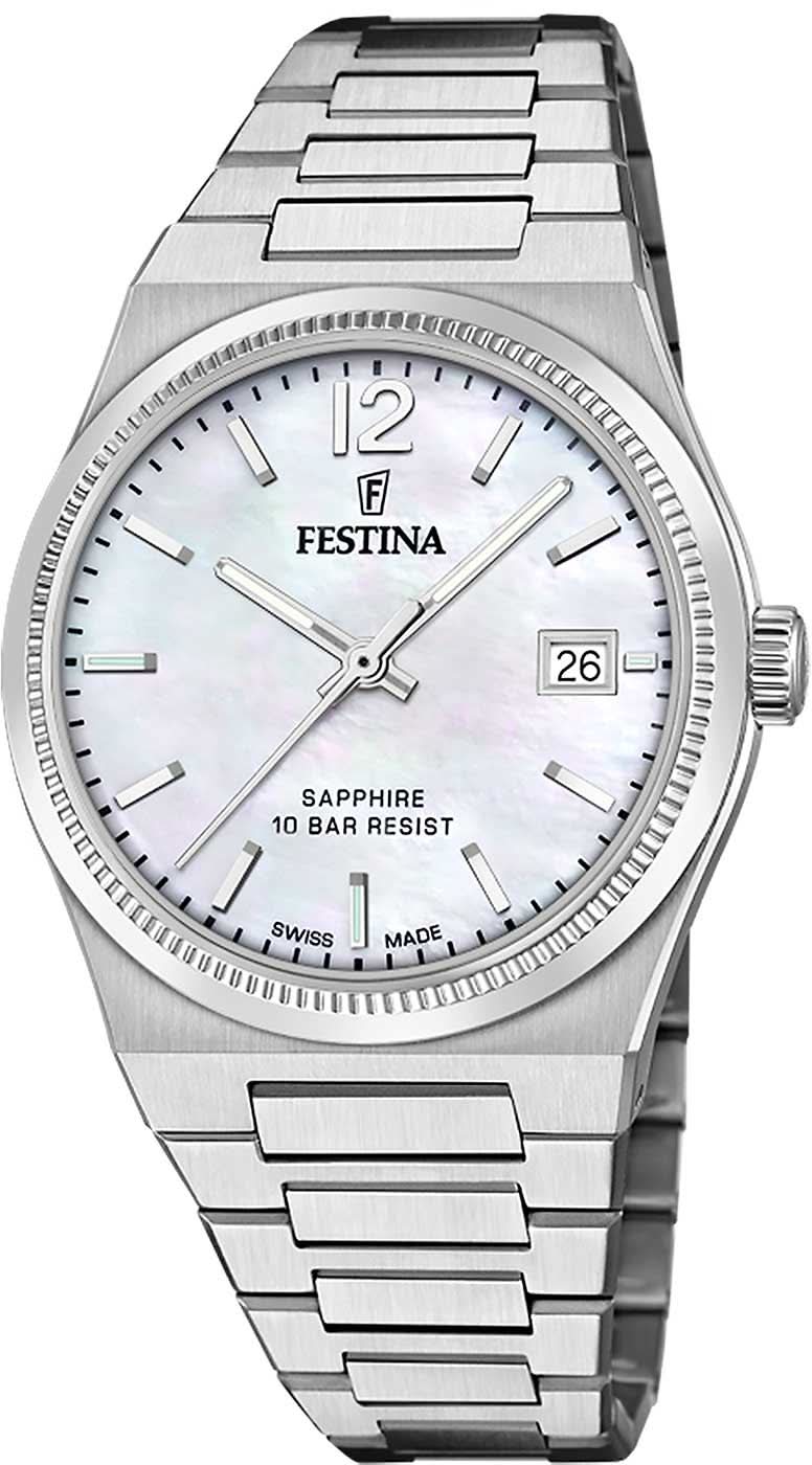 Orologio da donna Festina con cinturino in acciaio inossidabile argentato, quadrante bianco e datario.
