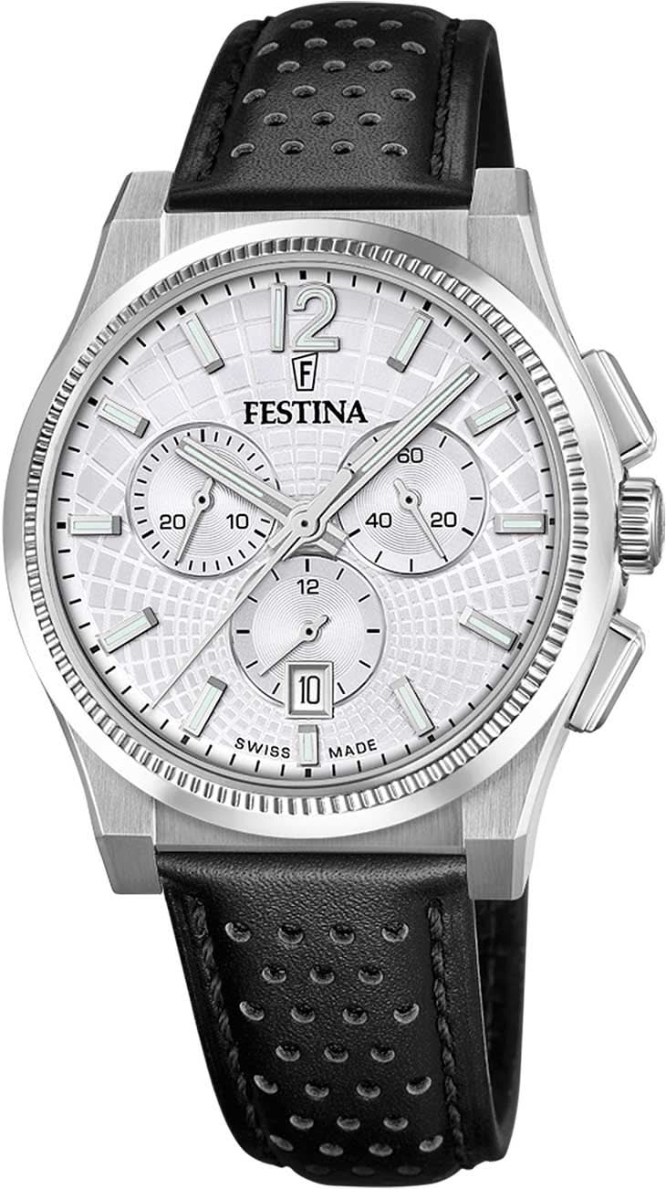 Orologio da uomo Festina: cassa argentata, quadrante crono bianco, cinturino in pelle nera