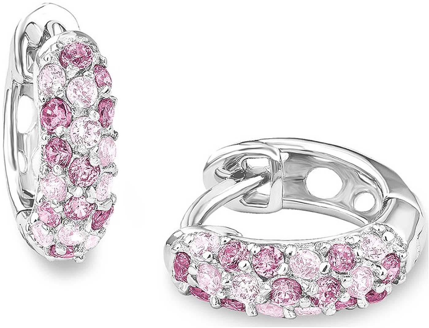 Orecchini a cerchio in argento con pietre rosa, incastonati in un cerchio ovale