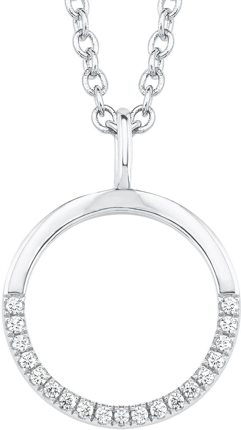 Collana color argento con ciondolo rotondo tempestato di pietre, chiusura a catena e passante