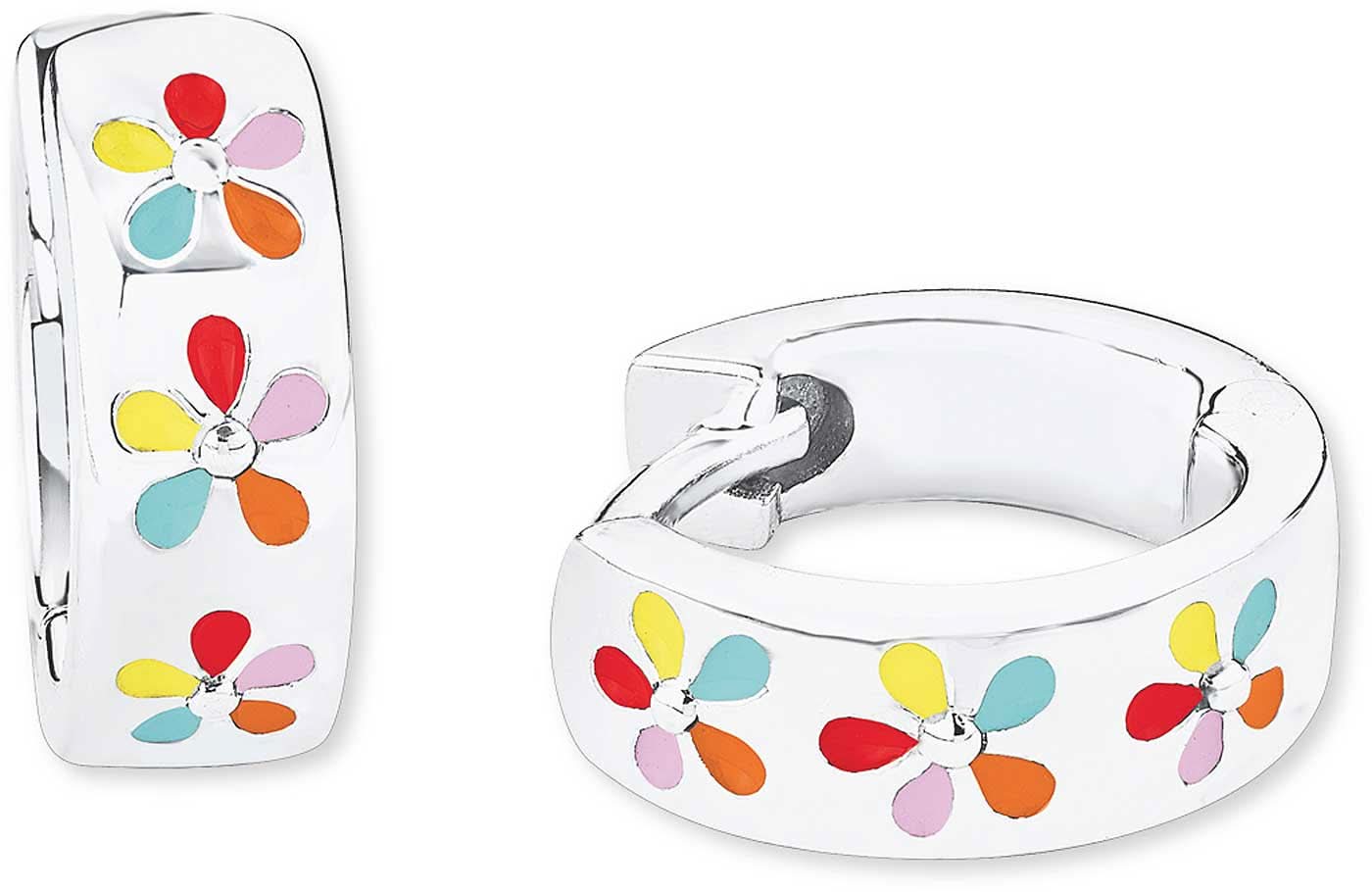 Orecchini a cerchio con smalto a fiori colorati e strass, metallo bianco, chiusura tonda
