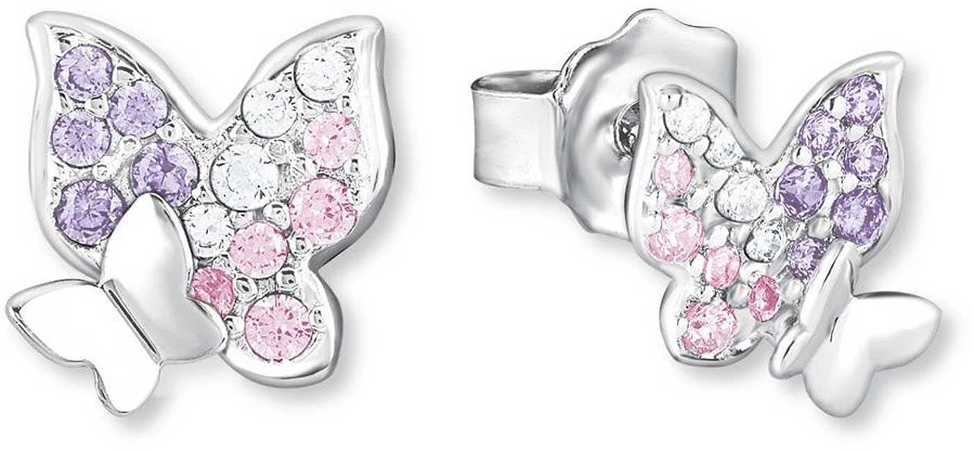 Orecchini a farfalla color argento con strass scintillanti viola, rosa e bianchi.