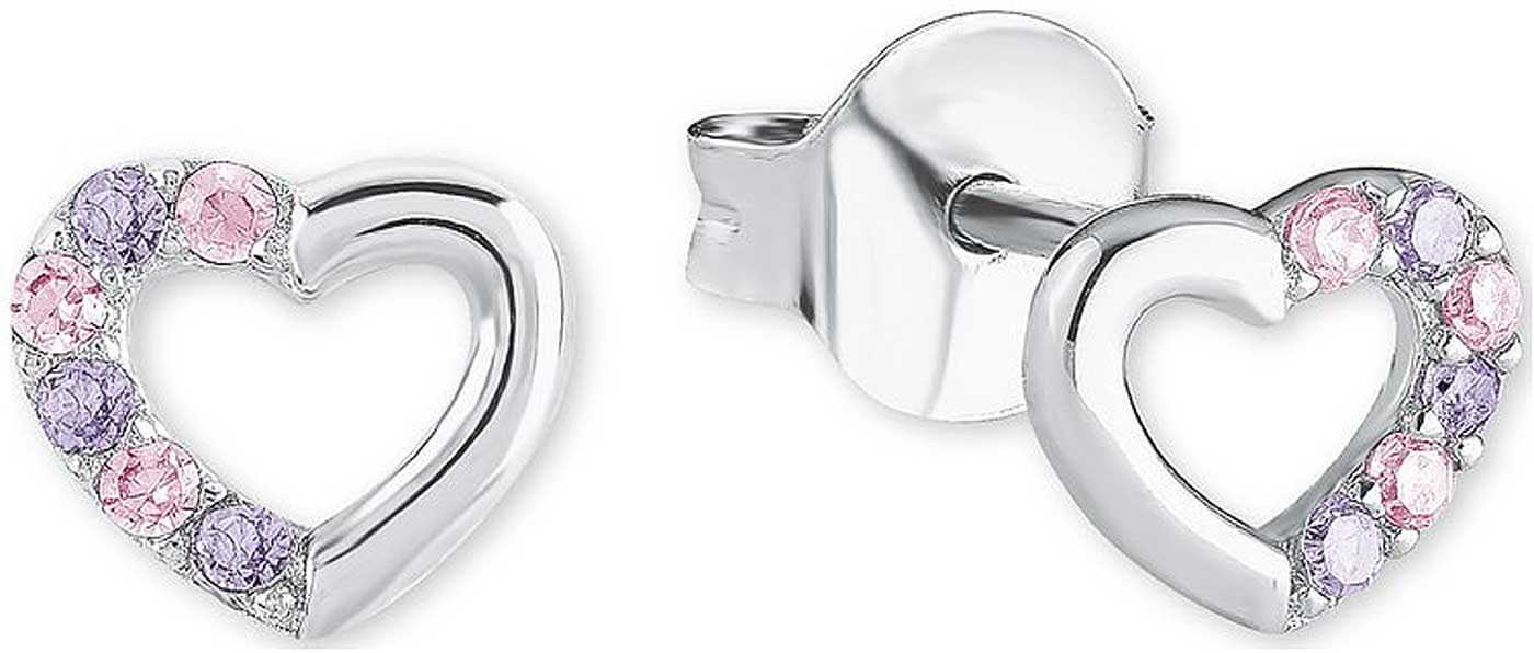 Orecchini color argento con ciondolo a cuore e strass rosa
