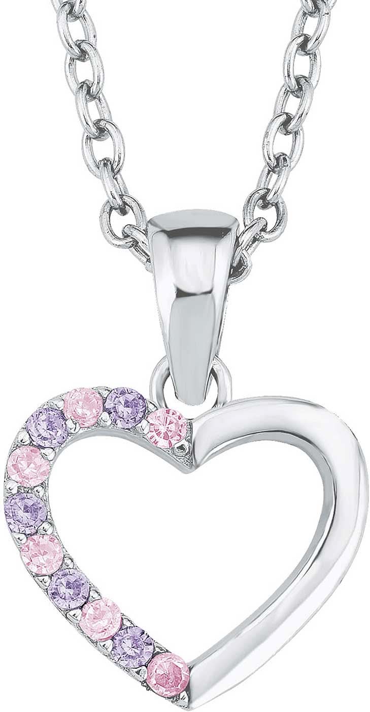 Silberfarbene Halskette mit herzförmigem Anhänger, rosa/lila Steinbesatz