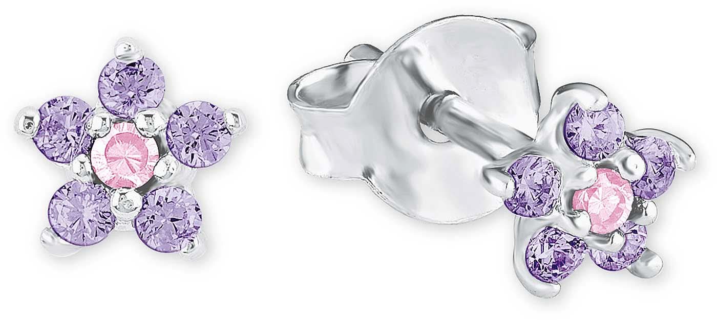 Blütenförmige Ohrstecker aus Metall mit violetten und pinken Steinchen.
