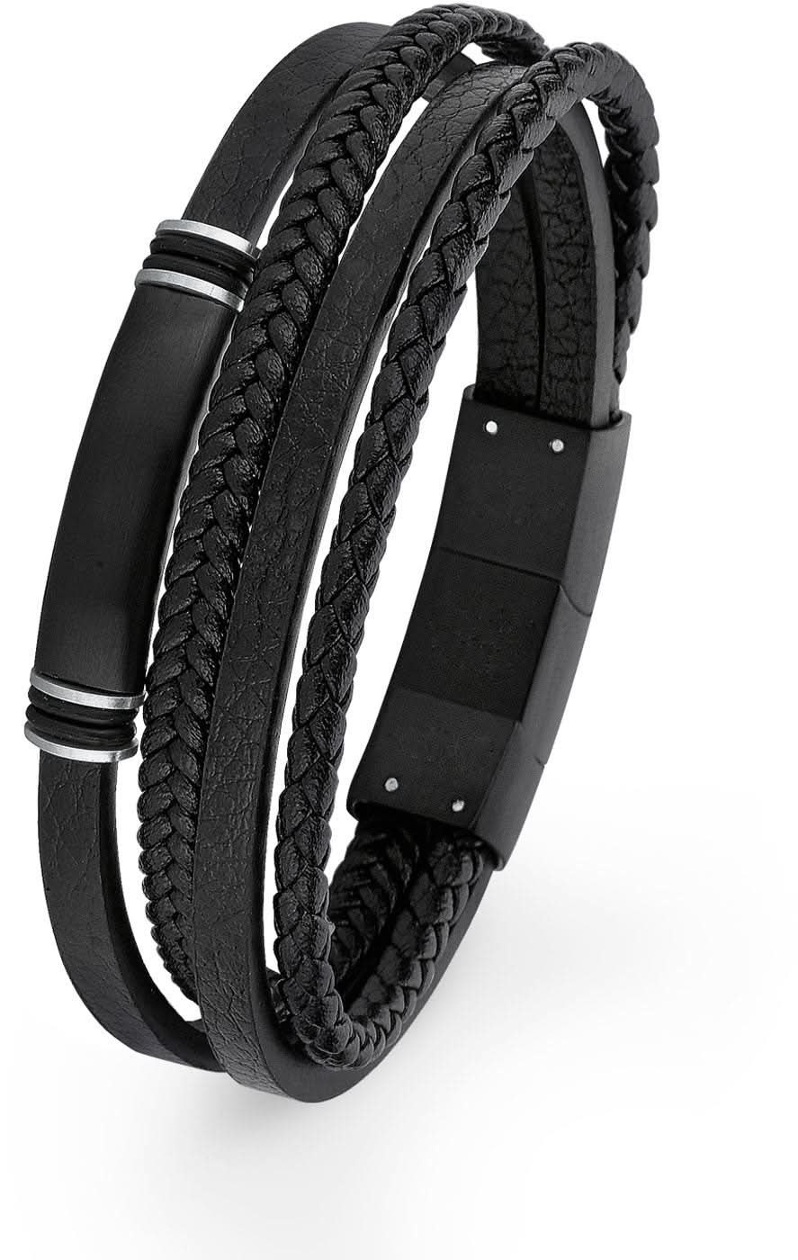Bracciale in pelle multistrato, nero, con fasce intrecciate e chiusura rettangolare
