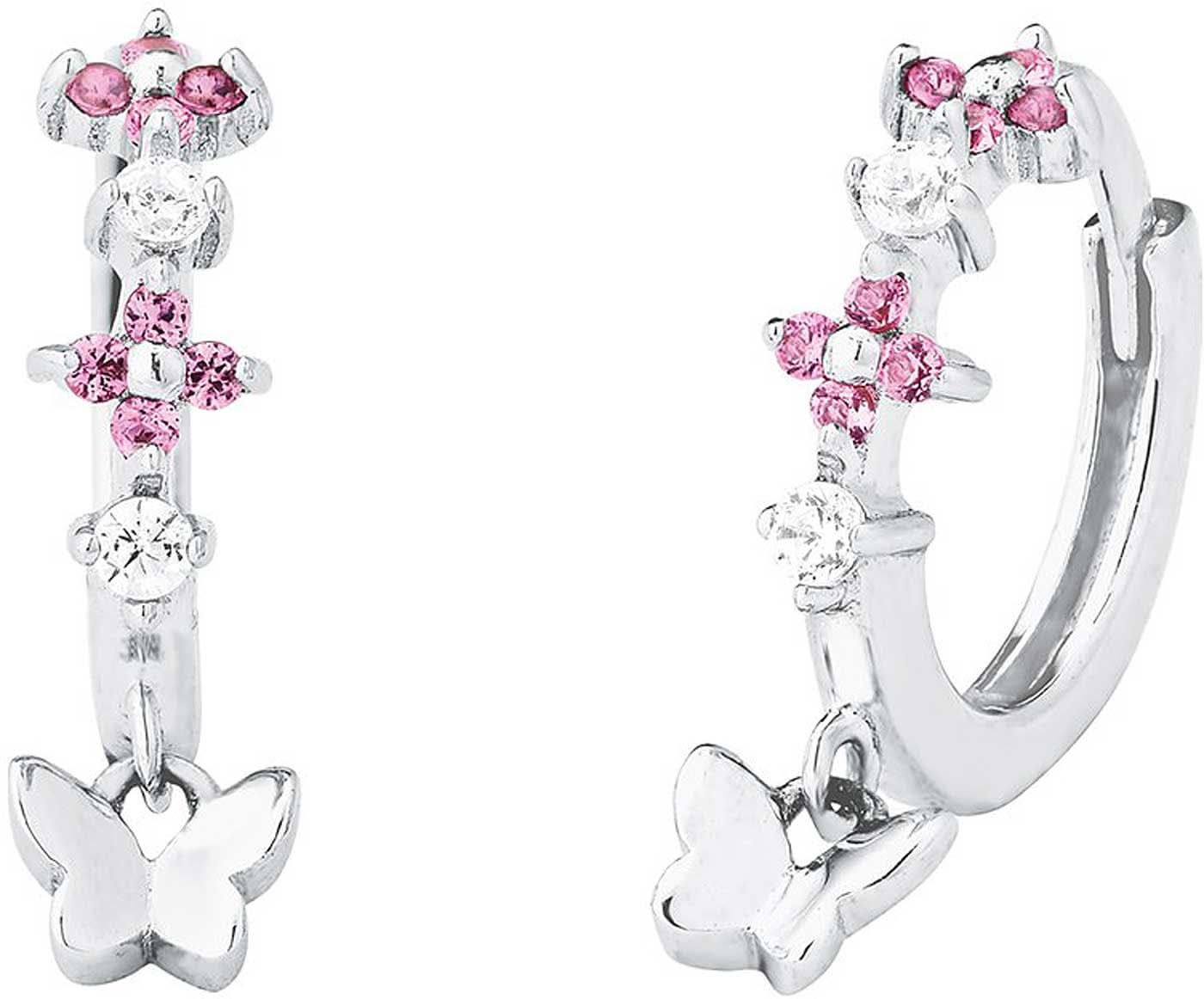 Orecchini a cerchio color argento con strass rosa e design a ciondolo