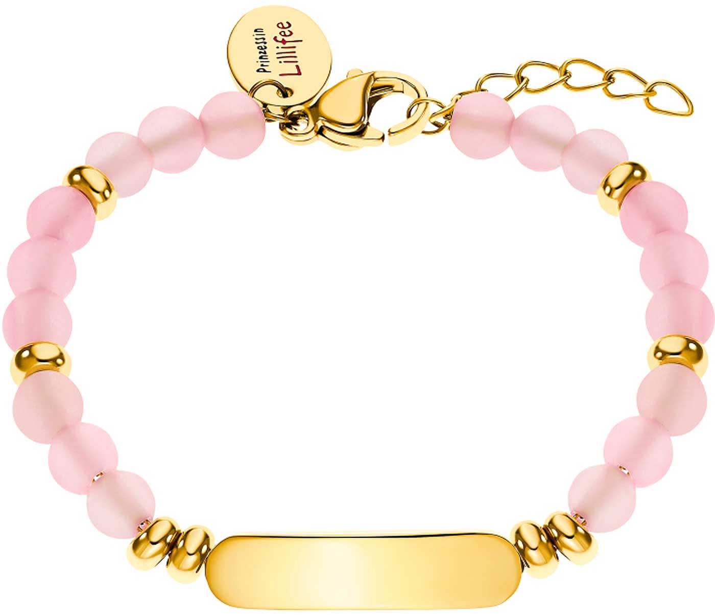 Braccialetto identificativo con perle di quarzo rosa e targhetta incisa color oro