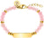 Braccialetto identificativo con perle di quarzo rosa e targhetta incisa color oro