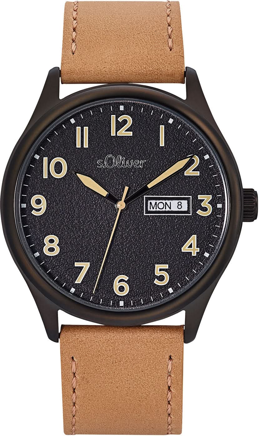Orologio da uomo: cassa nera, quadrante scuro, cinturino in pelle beige, data a ore 3