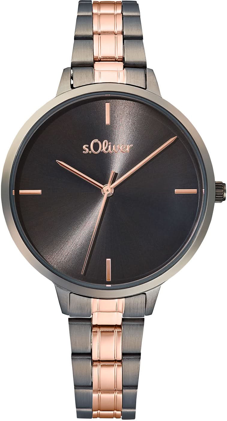 Orologio da donna s.Oliver con quadrante scuro e bracciale bicolore in maglia, lancette color oro rosa