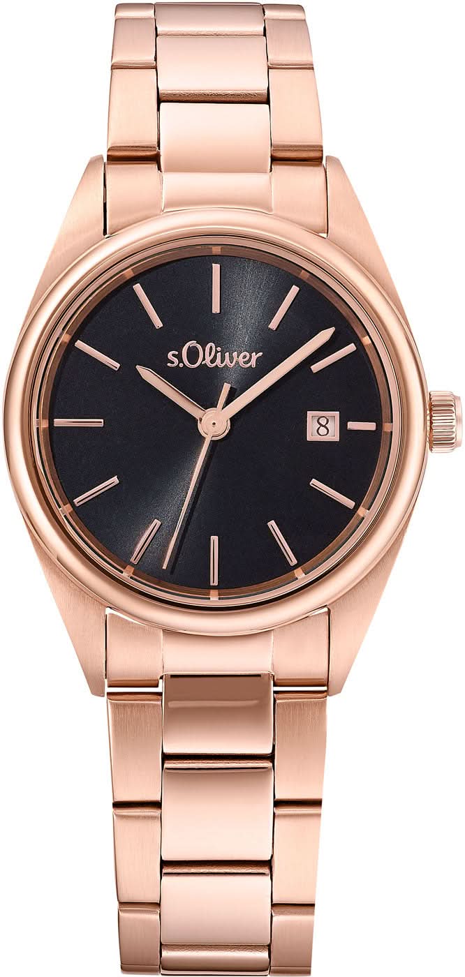 Orologio da donna con cinturino in metallo color oro rosa, quadrante rotondo nero e logo s.Oliver