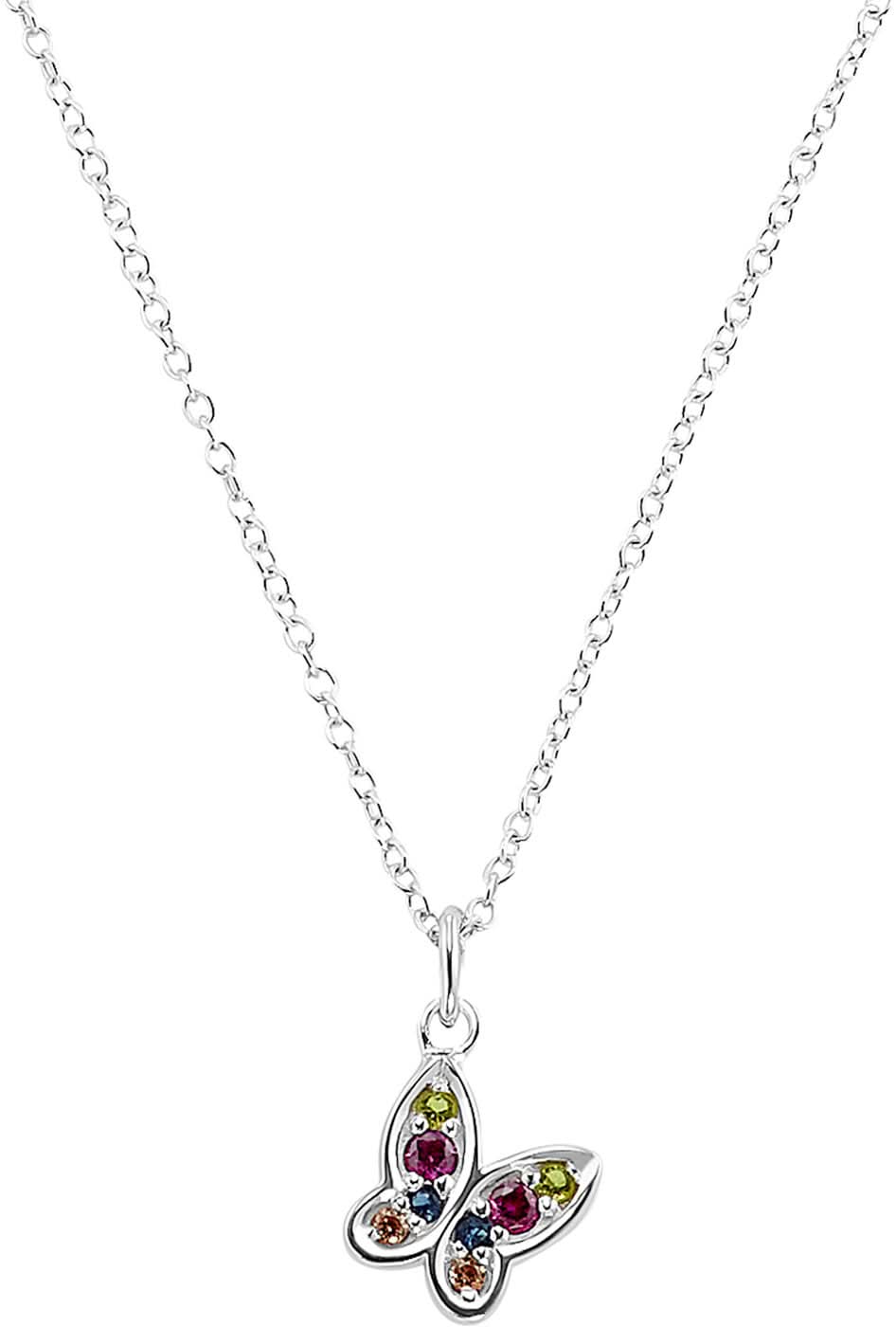 Collana da bambina color argento con ciondolo a farfalla e pietre colorate