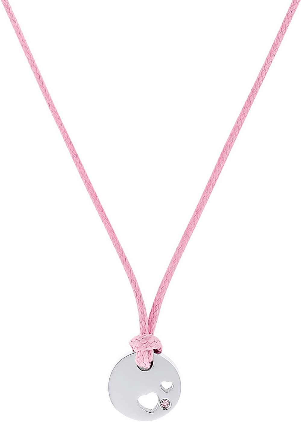 Textilkette mit rosa Band, runder Edelstahlanhänger und kleine Herzchen
