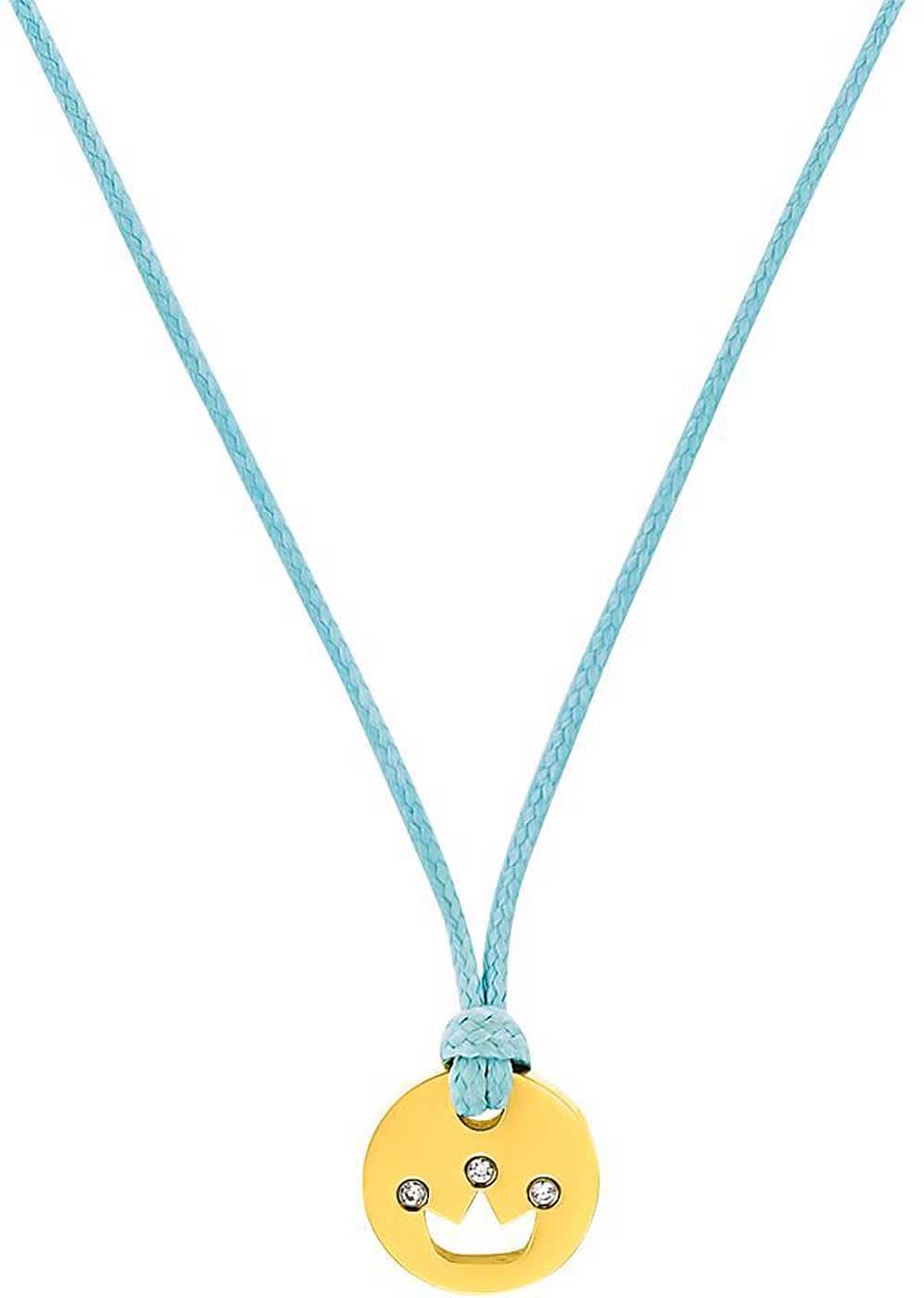 Collana in tessuto con ciondolo rotondo giallo con sorriso e cordino blu