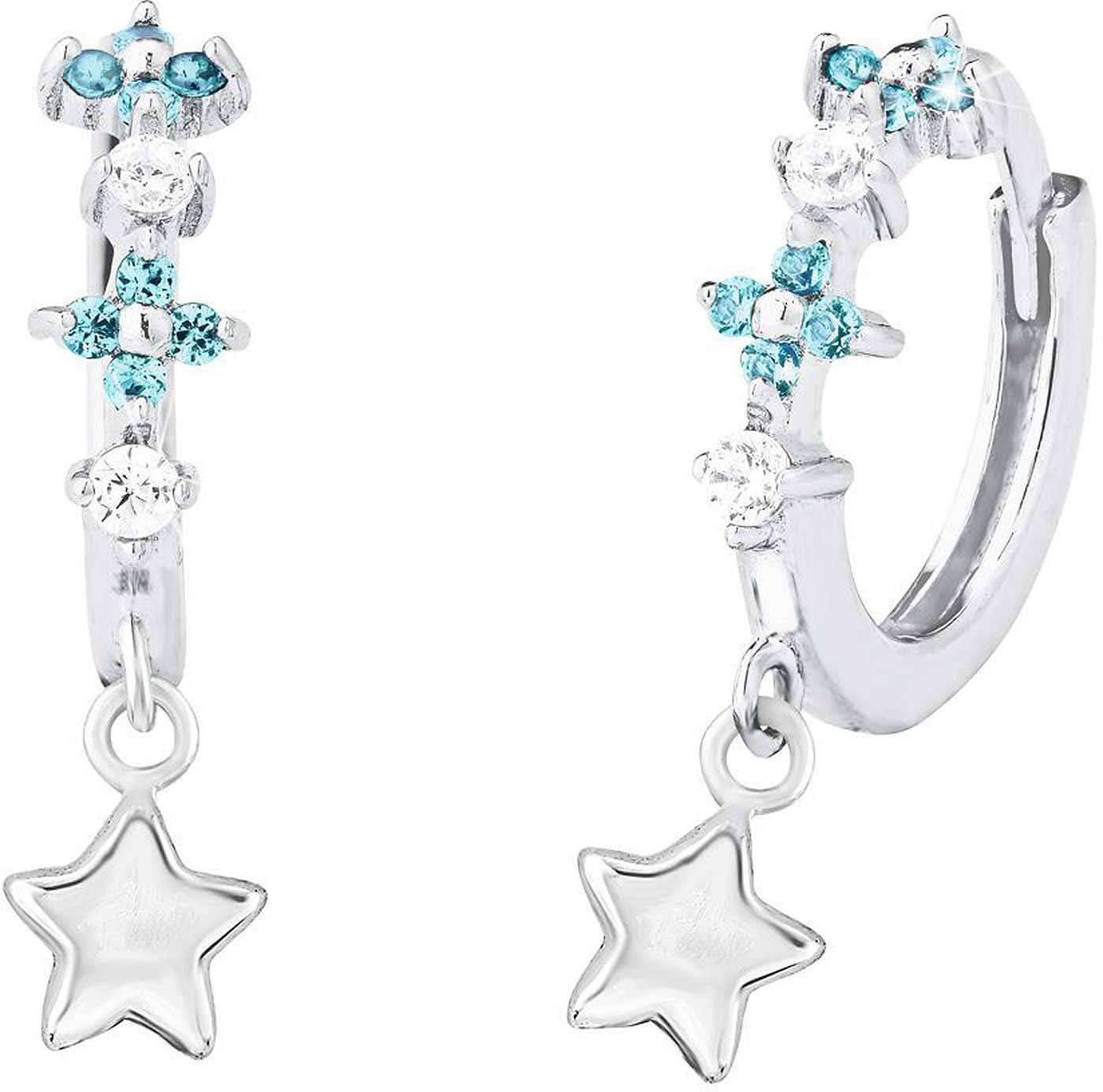 Orecchini a cerchio in argento con stella pendente e pietre turchesi e trasparenti