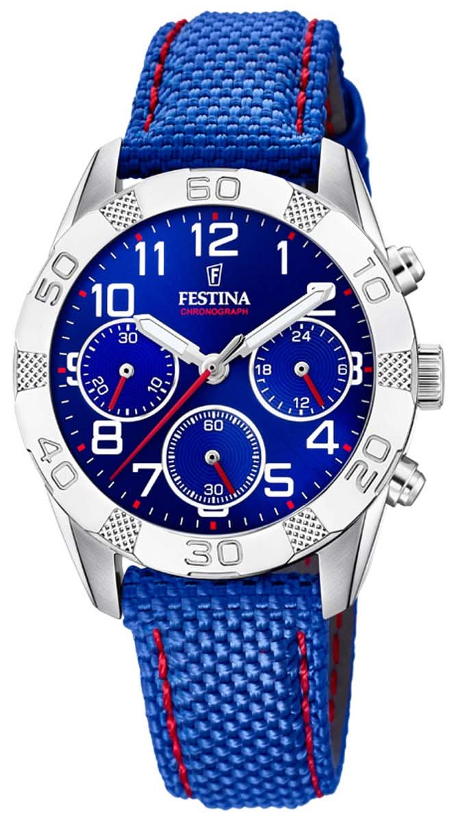 Orologio per bambini con cinturino in tessuto blu e cassa in argento, quadrante blu