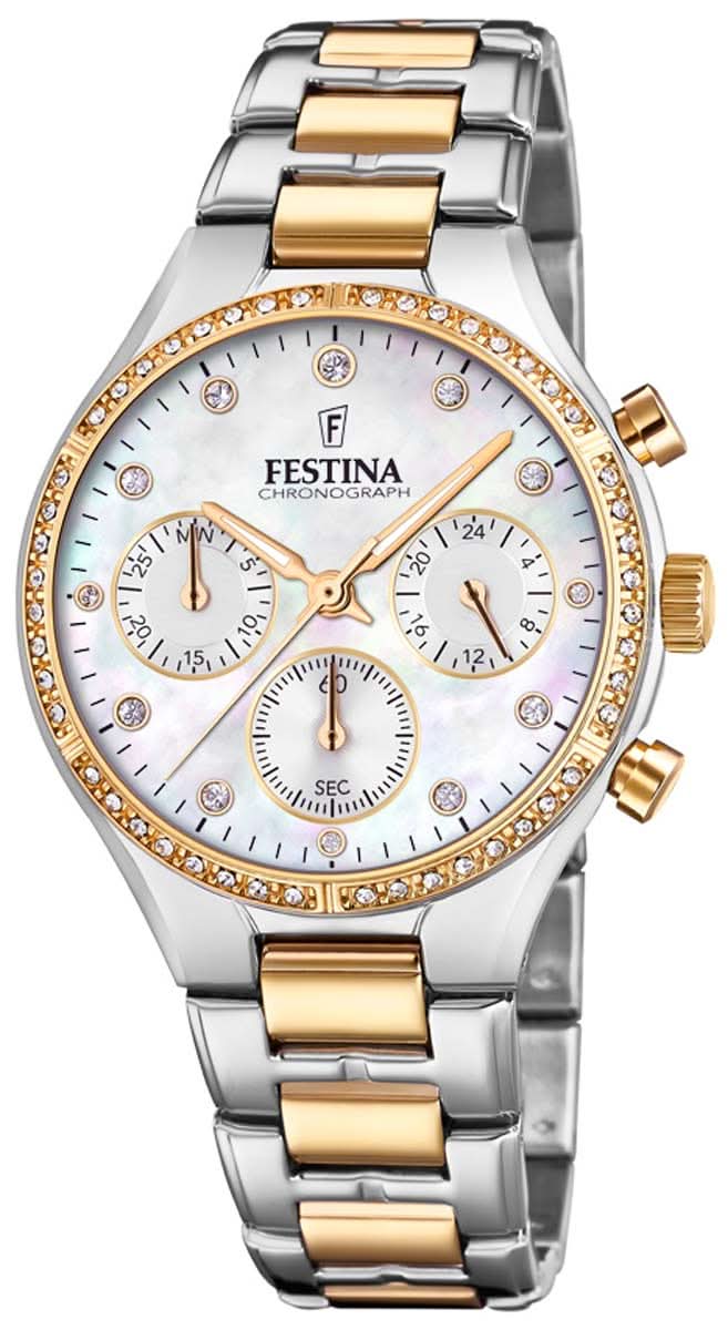 Orologio da donna con cassa in argento, maglie color oro, quadrante bianco e lunetta decorativa