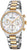Orologio da donna con cassa in argento, maglie color oro, quadrante bianco e lunetta decorativa
