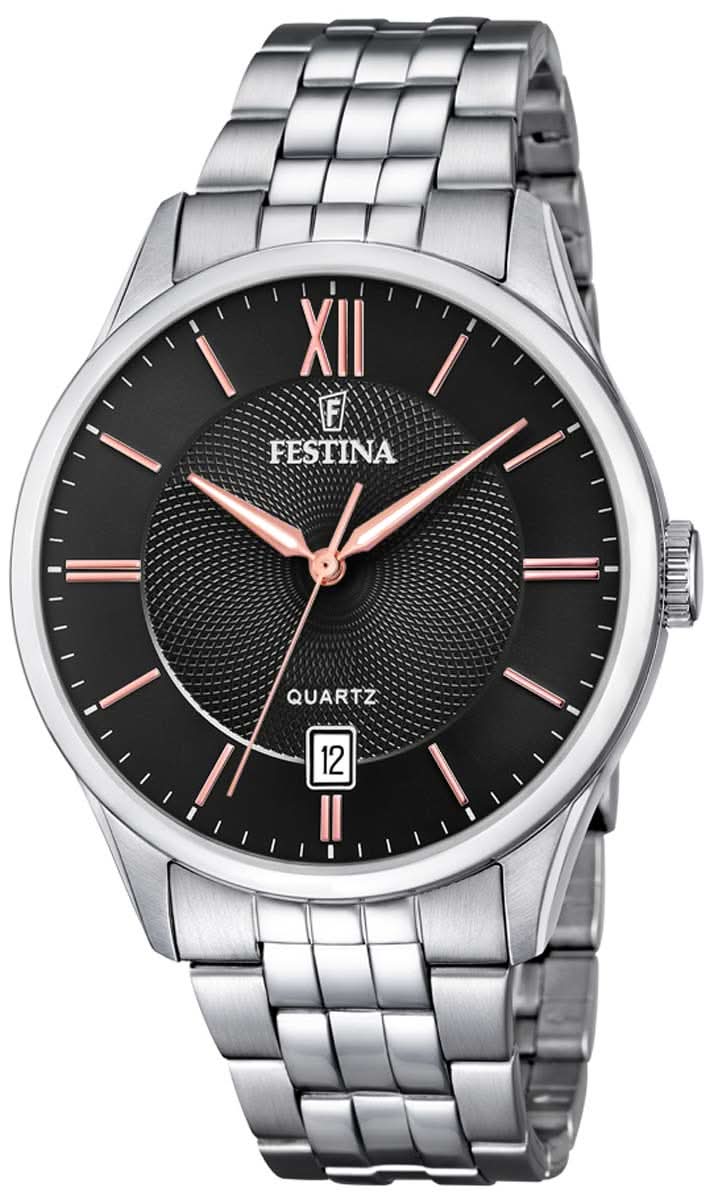 Festina Herrenarmbanduhr mit Edelstahlband, schwarzem Zifferblatt und Zeitanzeige
