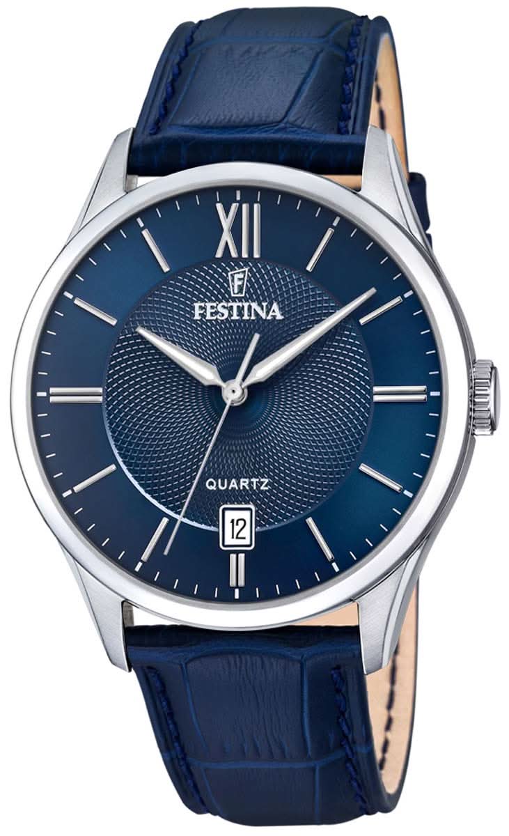 Orologio da uomo con cinturino in pelle blu, quadrante rotondo blu e cassa argentata