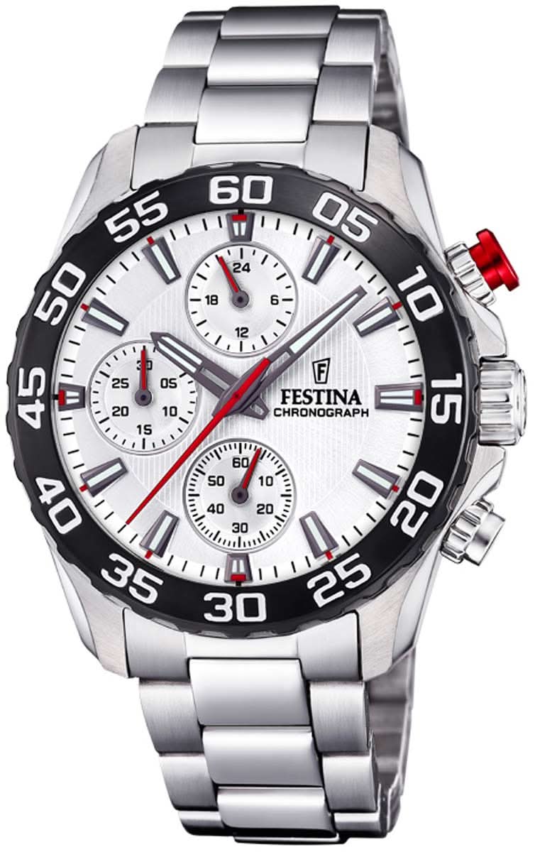 Kinderuhr Festina mit Edelstahlband, weißem Zifferblatt und schwarzer Lünette