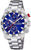 Orologio cronografo in argento con quadrante blu e cinturino in acciaio inossidabile, corona a destra