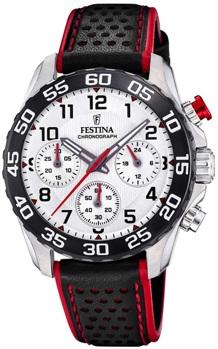 Kinder-Chronographenuhr: schwarzes Zifferblatt, rote Akzente, schwarzes Lederband