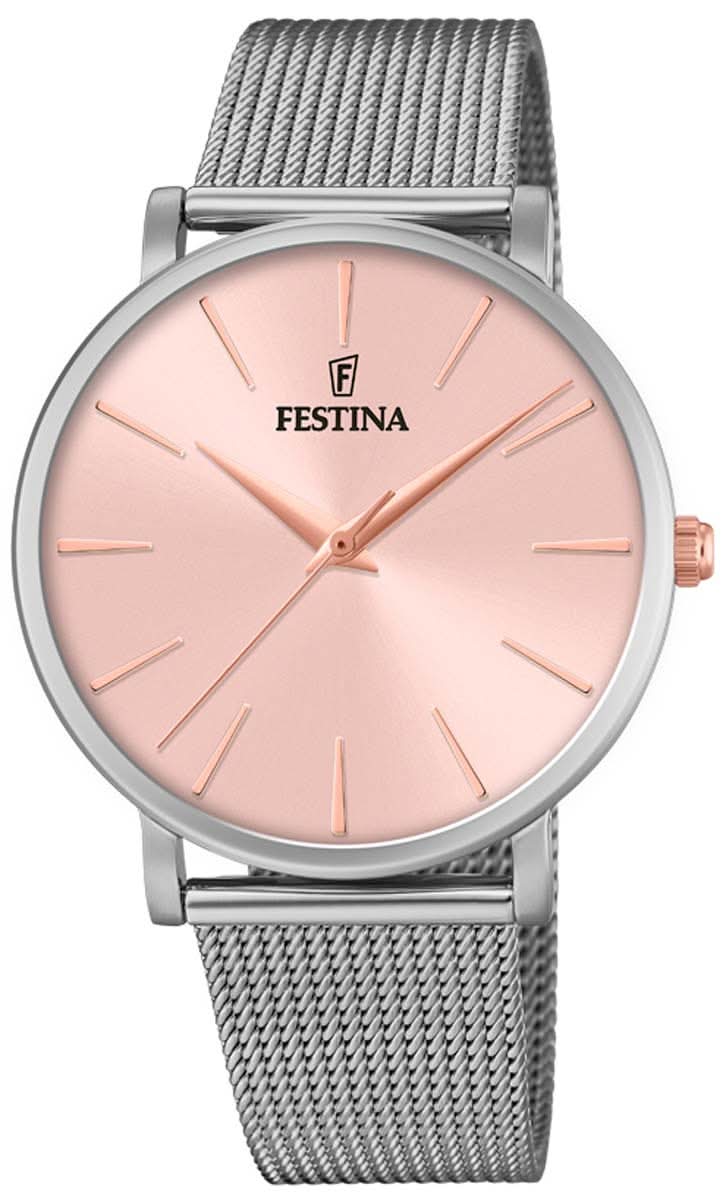 Festina Damenuhr mit rosafarbenem Zifferblatt und Edelstahl-Meshband