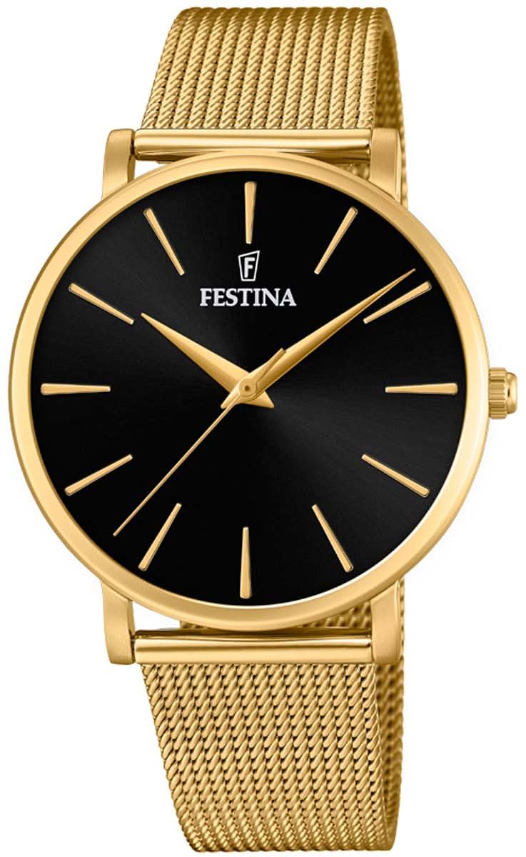 Orologio da uomo con bracciale in metallo dorato e quadrante nero, cassa rotonda