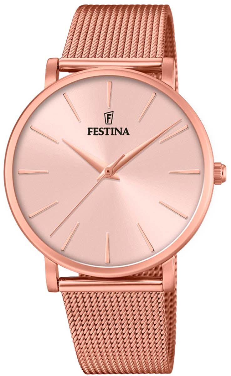 Festina Damenuhr mit roséfarbenem Mesharmband und rundem rosa Zifferblatt