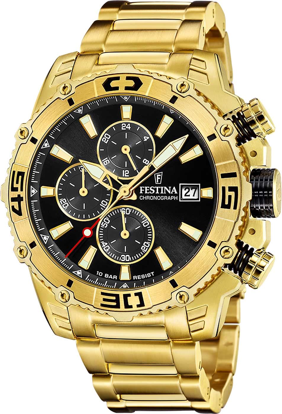 Orologio da uomo cronografo con lunetta in acciaio inossidabile color oro, quadrante nero e datario 27
