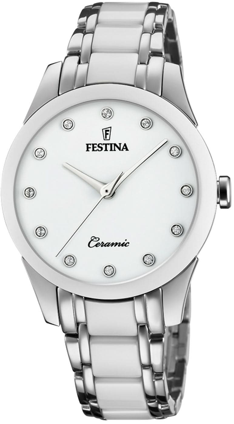 Orologio da donna con bracciale in metallo argentato, quadrante bianco e indici in cristallo