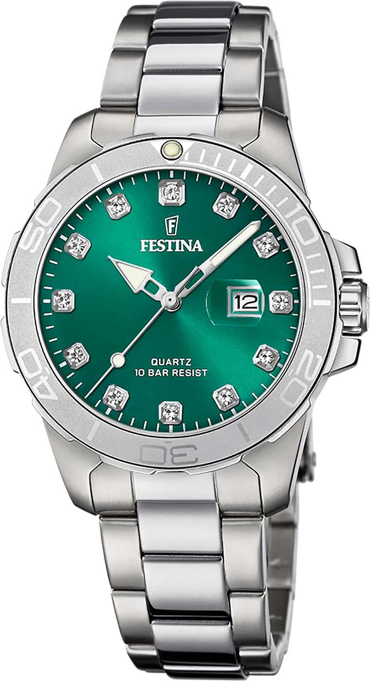 "Orologio da donna con quadrante verde, bracciale in acciaio inossidabile e datario."