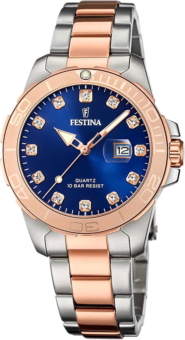 Damenuhr mit blauem Zifferblatt, roségoldfarbenem Edelstahlband und Datumsanzeige