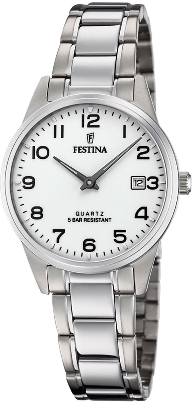 Damenuhr mit silbernem Edelstahlband und analogem Zifferblatt, Quarzwerk