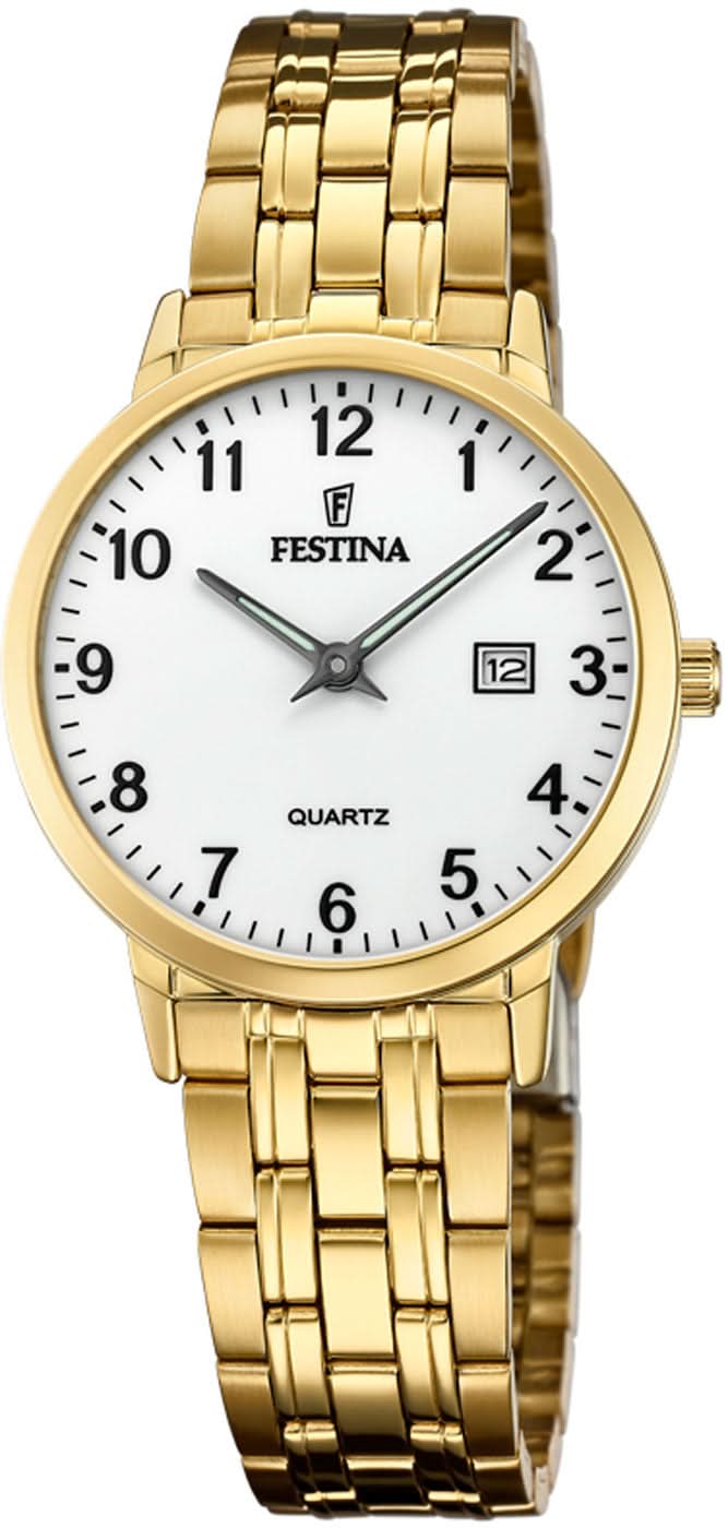 Orologio da donna con bracciale in acciaio inossidabile dorato e quadrante bianco, display rotondo