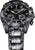 Orologio cronografo da uomo con quadrante nero, lancette arancioni e cinturino grigio camouflage.