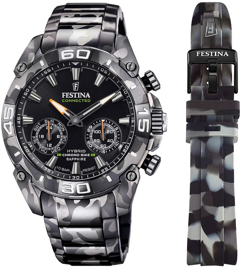 Orologio cronografo da uomo con quadrante nero, cinturino grigio camouflage e cassa in acciaio inossidabile.