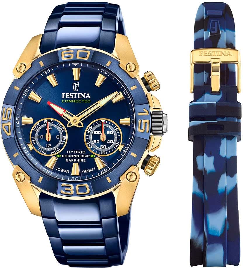 Orologio da uomo Festina con quadrante blu, lunetta dorata e cronografo, cinturino blu
