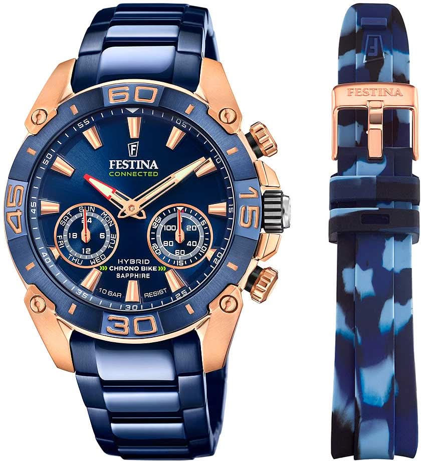 Orologio da uomo Festina con quadrante blu, cronografi secondari e lunetta dorata