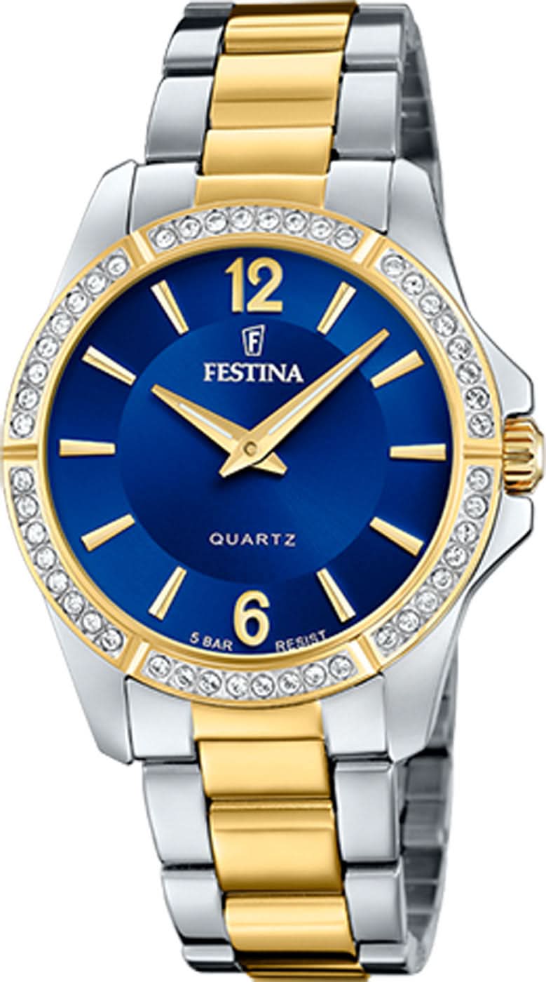 Elegante Damenuhr mit blauem Zifferblatt, gold-silberfarbenem Metallband und Zierlünette