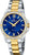 Elegante Damenuhr mit blauem Zifferblatt, gold-silberfarbenem Metallband und Zierlünette