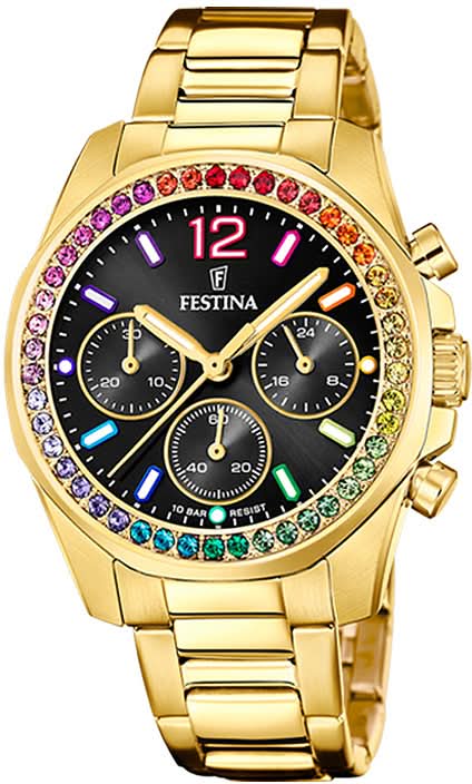 Orologio da donna con bracciale in acciaio inossidabile color oro, quadrante nero e lunetta arcobaleno