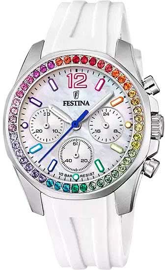 Orologio da donna con cinturino in silicone bianco, cassa argentata e quadrante arcobaleno, lunetta in zircone
