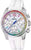 Orologio da donna con cinturino in silicone bianco, cassa argentata e quadrante arcobaleno, lunetta in zircone