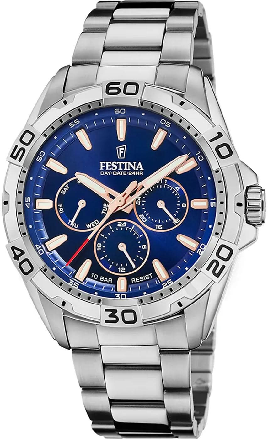 Orologio da uomo: quadrante blu, cinturino in acciaio inossidabile e quadranti multipli