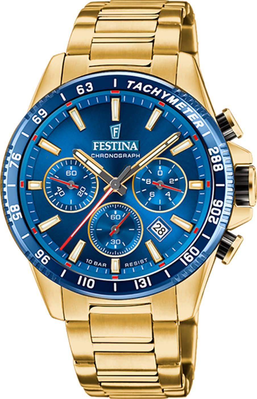 Chronographenarmbanduhr Festina mit blauem Zifferblatt und goldfarbenem Armband